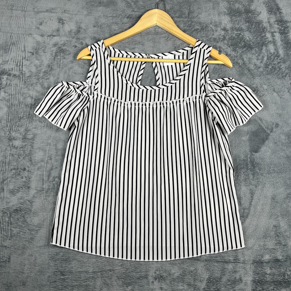 Soho Jeans Womens XS Black White Striped Cold Shoulder Blouse Summer Top